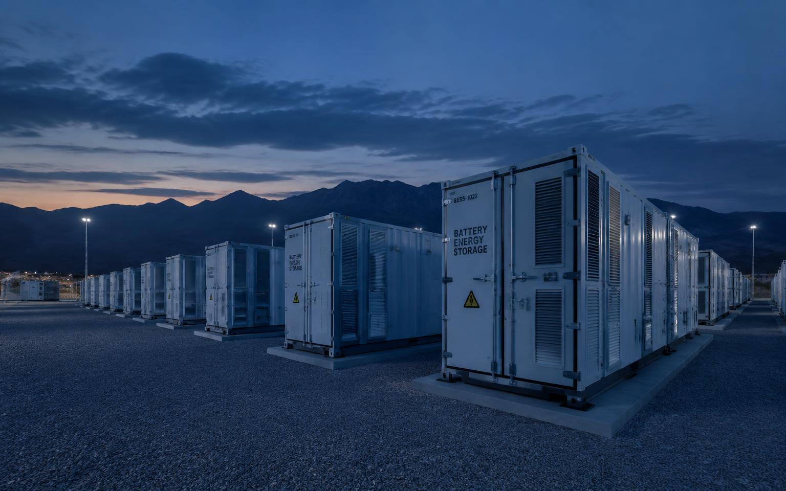 Rows of containerized battery energy storage units at dusk